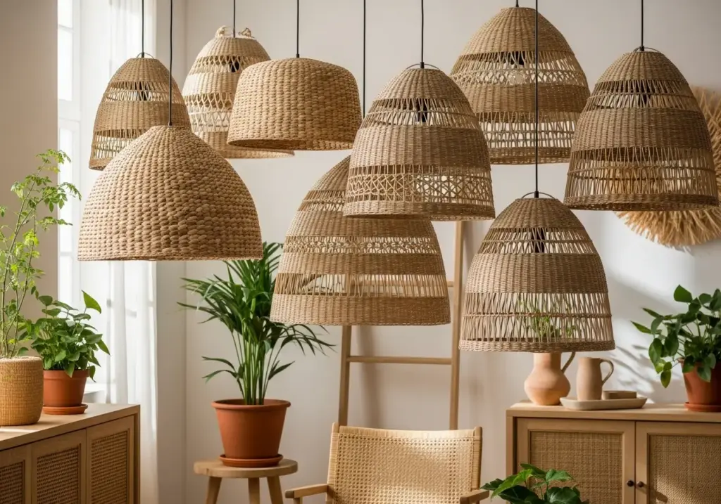 A collection of wholesale eco friendly lamp shades, including rattan and seagrass lighting, from an ethical Indonesian supplier