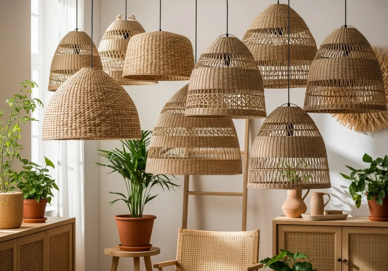 A collection of wholesale eco friendly lamp shades, including rattan and seagrass lighting, from an ethical Indonesian supplier