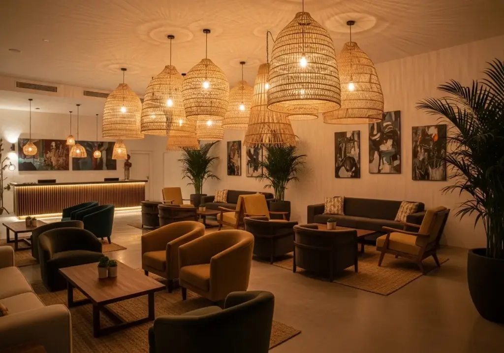 A collection of natural ceiling lamp shades creating a warm and inviting atmosphere in a luxury hotel lobby