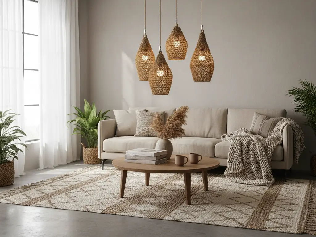 A set of four wholesale natural ceiling lamp shades, made from woven material, hanging over a minimalist sofa and coffee table in a bright, modern living room with neutral tones and indoor plants