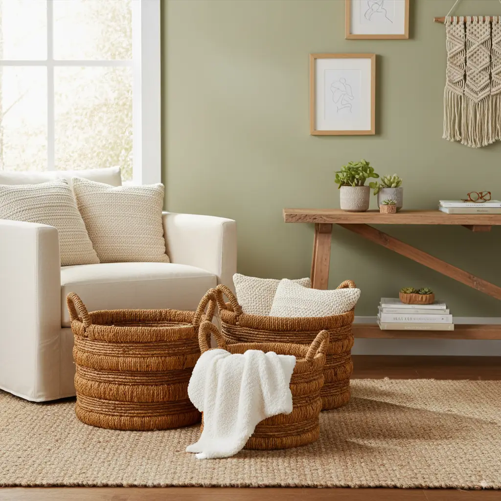 Three natural handwoven laundry baskets from Indonesian supplier, displayed in a modern, cozy living room setting to showcase home decor and storage functionality.