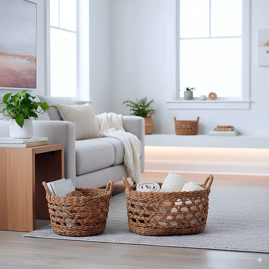 Three handwoven seagrass baskets of varying sizes displayed in a minimalist living room setting, showcasing their natural texture and versatile storage use for wholesale from Indonesia.