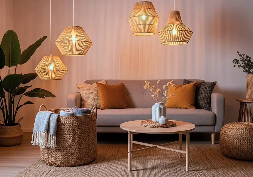 Living room featuring Indonesian handwoven rattan pendant lamps and large seagrass storage basket. Ethical natural fiber decor wholesale.