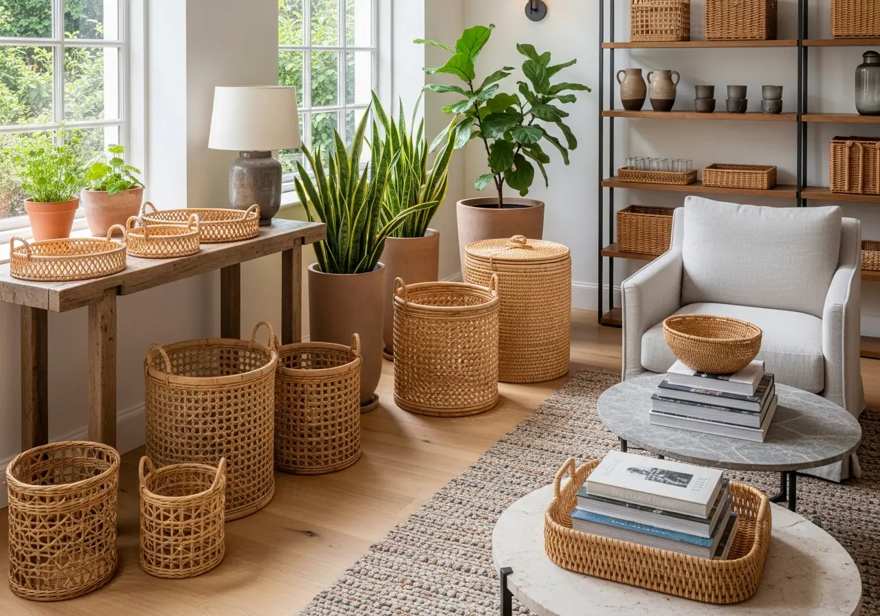 A collection of products from a leading rattan baskets supplier in Indonesia, displayed in a luxury commercial setting