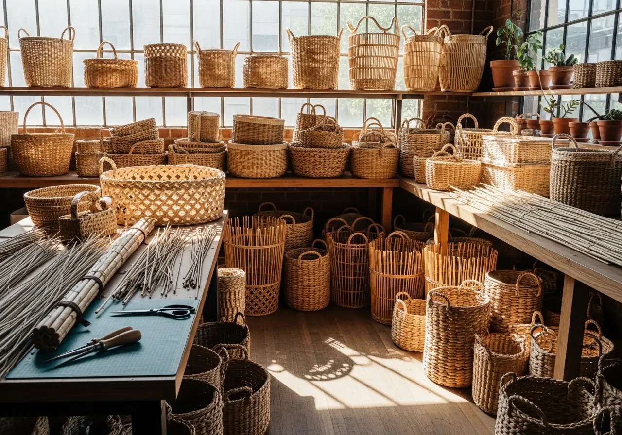 A diverse collection from a wholesale basket supplier in Indonesia, featuring handcrafted rattan and seagrass baskets